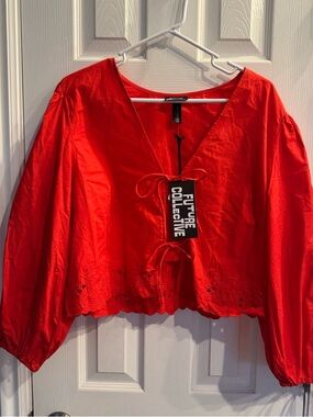 NWT Future Collective Red Tie-Front Embroidered Cotton Top